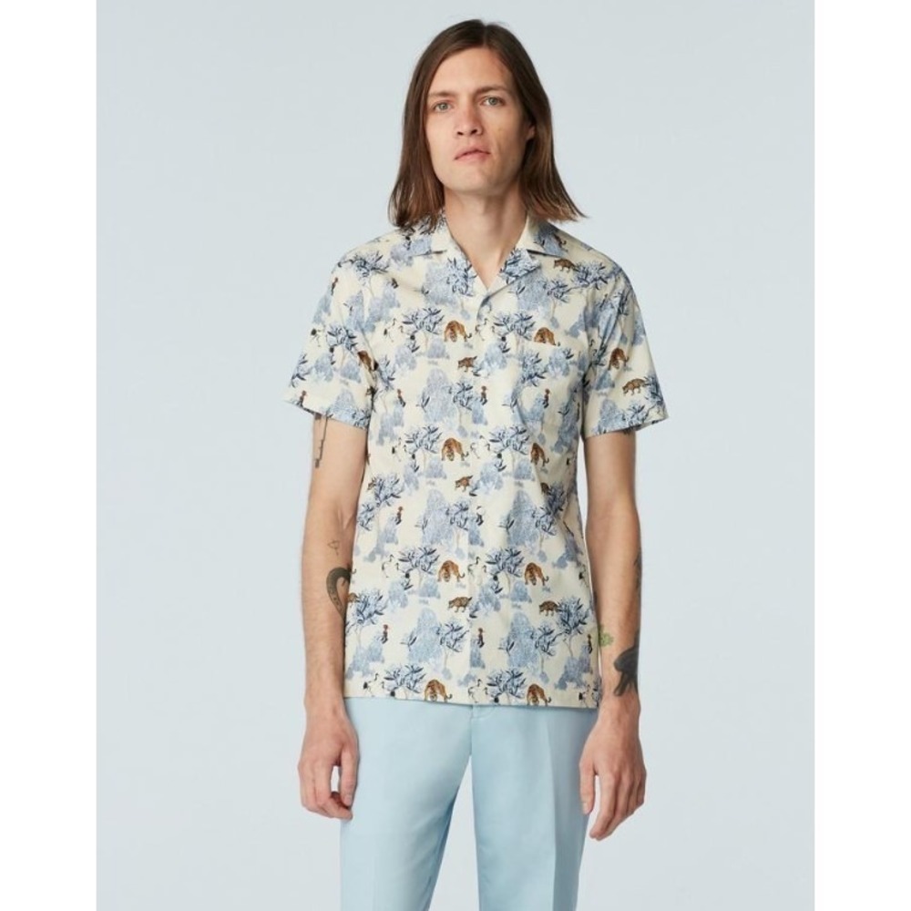 Indochino Langford Camp Shirt Men's XL Ivory/Ink Animal Print Button Up Casual